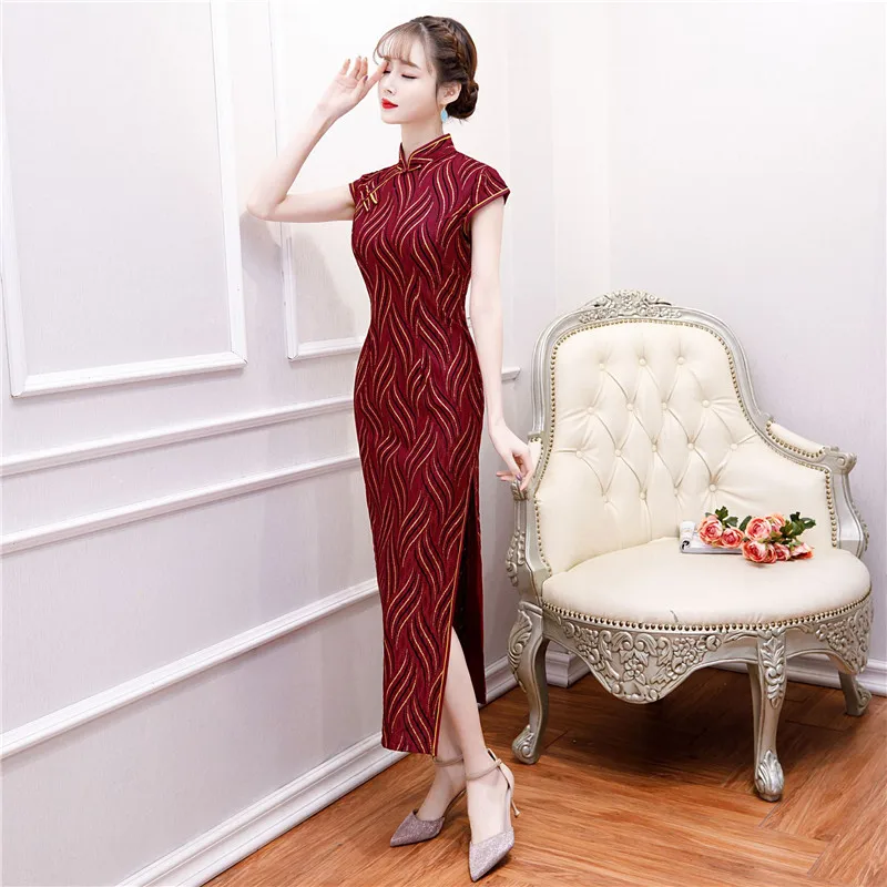 Красное винтажное сатиновое платье Qipao летнее женское в традиционном китайском