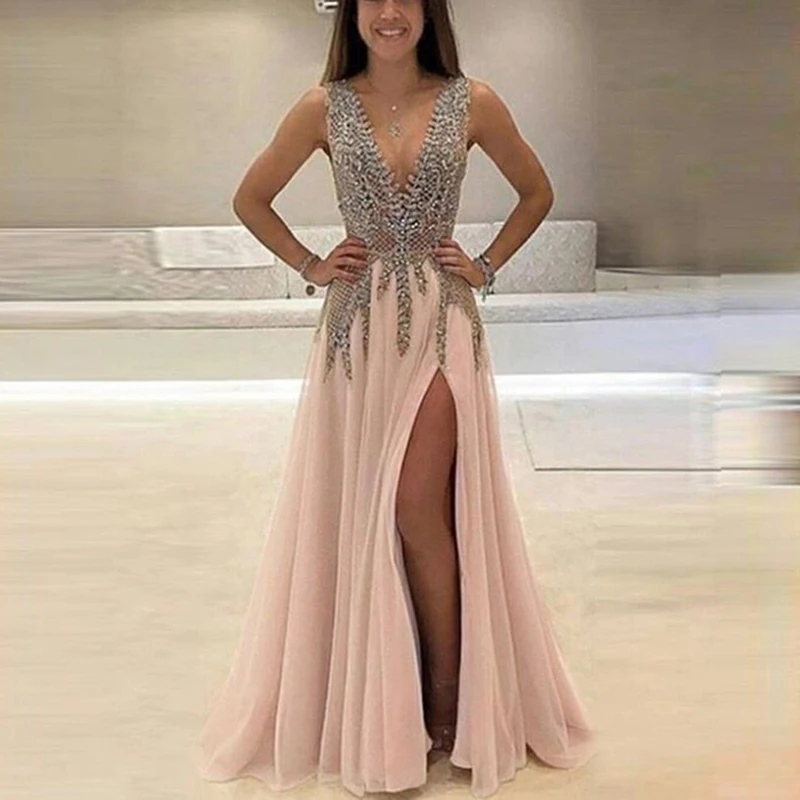 robe de soiree 2018 Sexy Evening Dresses Long A-Line V Neck Beaded Crystal High Slit Backless Women Formal Prom Evening Gown robe de soiree 2018 Sexy Evening Dresses Long A-Line V Neck Beaded Crystal High Slit Backless Women Formal Prom Evening Gown