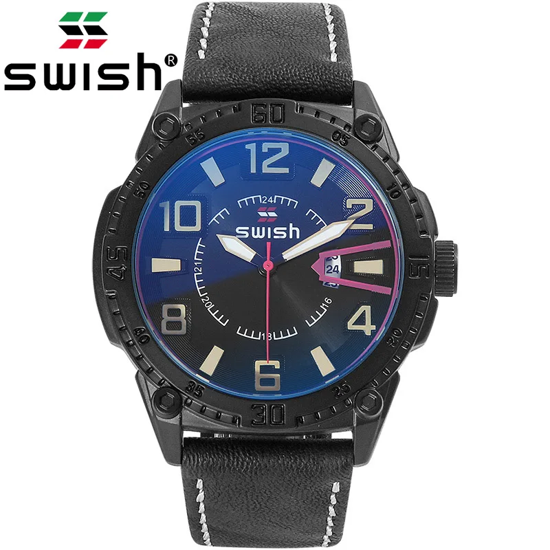 

SWISH Watch Men Fashion Sport Belt Quartz Clock Leather Mens Watches Top Brand Luxury Black Waterproof Watch Relogio Masculino