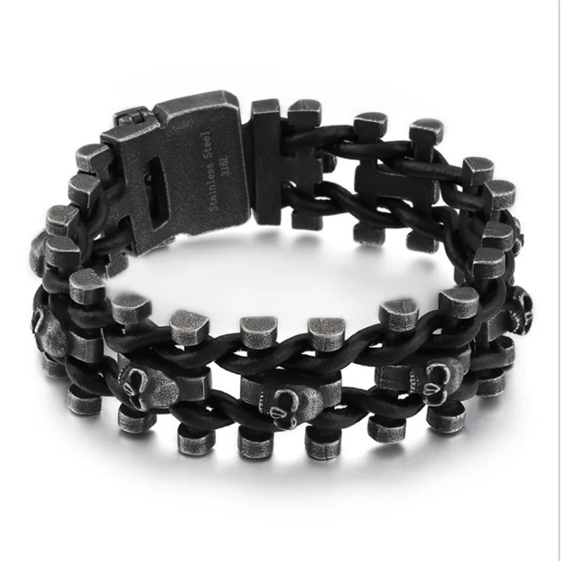 Koop Punk Roestvrij Staal Meerdere Skull Heads Charm Lederen Armbanden Voor Mannen Vintage Biker Armband Bangles Sieraden Drop Shipping