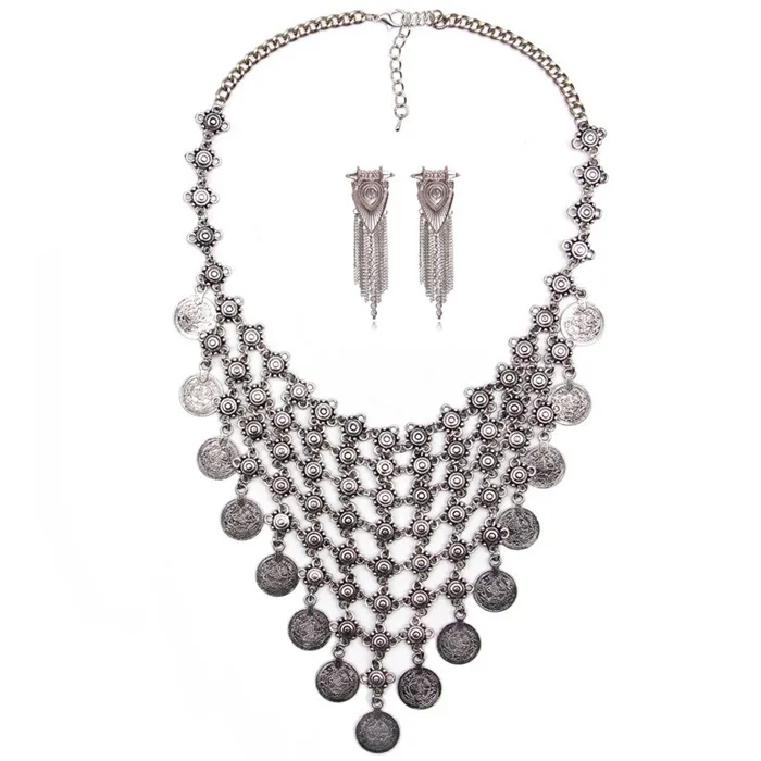 Boho Антикварные Монеты Цепочки и ожерелья для Для женщин Африканский себе Тибетский длинной кисточкой Ожерелья и подвески чешские Макси Jewelry Для женщин - Окраска металла: Necklace-Earrings