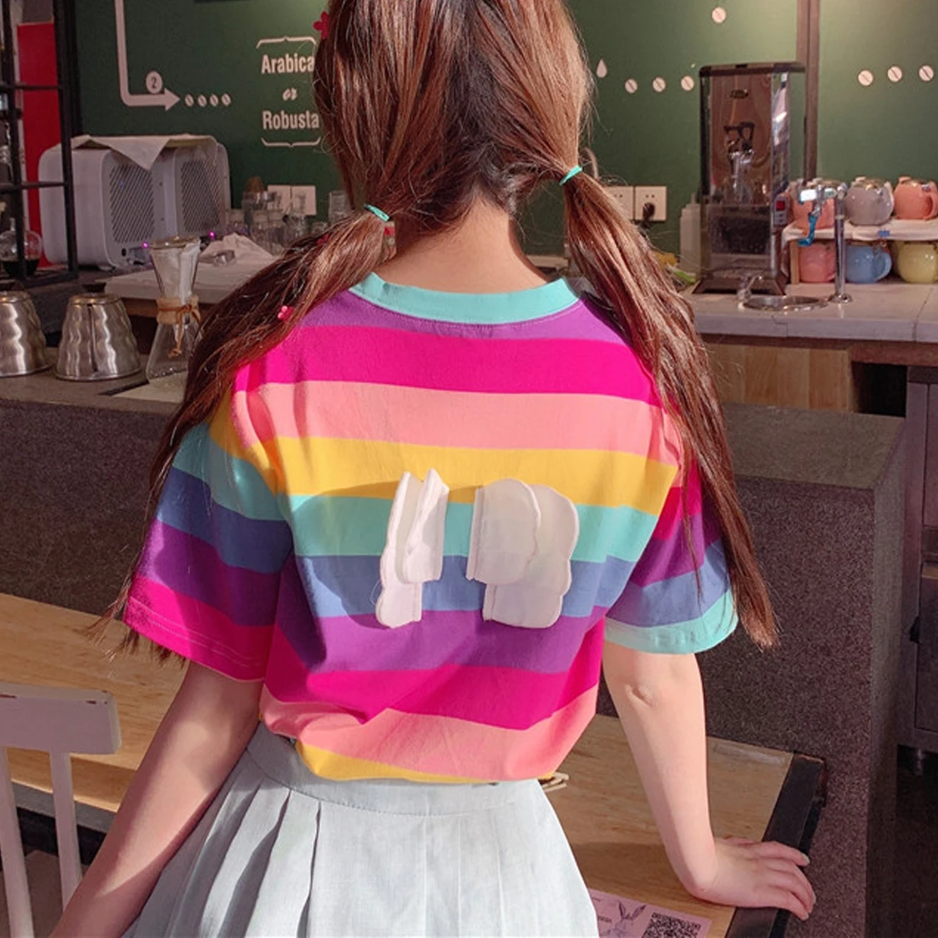 

Patchwork Cute Cartoon Wings Block Rainbown Striped Lolita Korean T Shirt Tee T-Shirt Top UlzzangGirl Kawaii Student Summer 2019