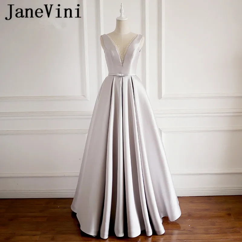 

JaneVini 2018 Satin Elegant Long Mother Of The Bride Dresses A Line Pleats Beaded Deep V Neck Backless Lady Evening Party Gowns
