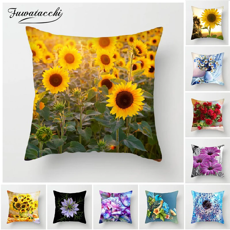 Fuwatacchi Flower Cushion Cover Pink Rose Yellow Sunflower Pillow Cover For Sofa Chair Decorative Pillows Floral Pillowcases Cushion Cover Aliexpress