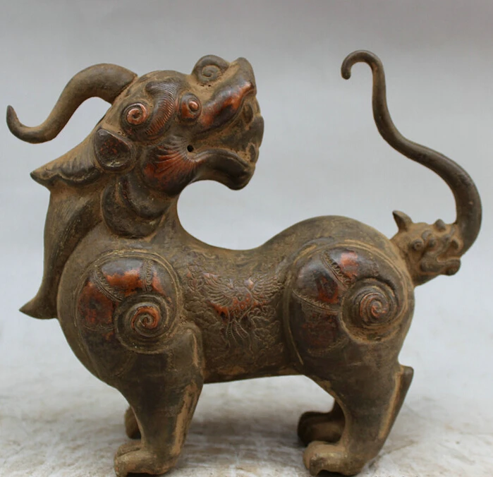 

song voge gem S5420 8" Folk Chinese Purple Bronze Handwork Carved Dragon Unicorn Beast 2 Head Statue