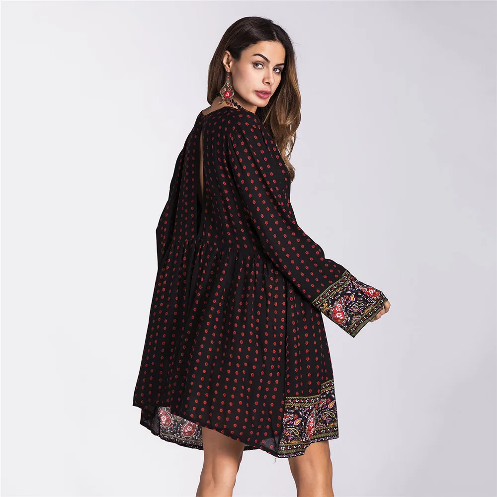 Autumn Sexy Deep V neck Beach dress For Women Boho Long Sleeve Printed Dress Women Beach Sundress Casual Women's Dresses Female (2)