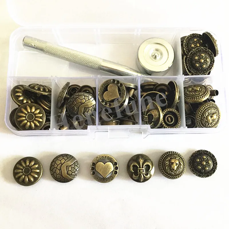 

17mm 6Style 24set Metal Snap Fastener Press Stud Buttons Poppers Leather Craft Jeans Button+1set Fixing Tools Kit+Storage Box