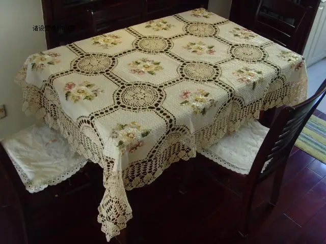2015 free shipping cotton crochet lace tablecloth with ribbon embroidery flowers lace table towel for home decor overlay skirt - Image 6