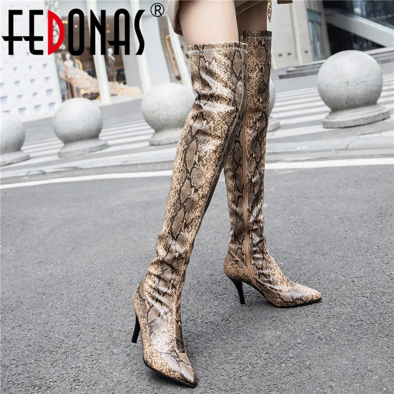 

FEDONAS 2020 Autumn Winter Sexy Animal Prints Synthetic Leather Women Over The Knee Boots Zipper Thin Heels Party Shoes Woman