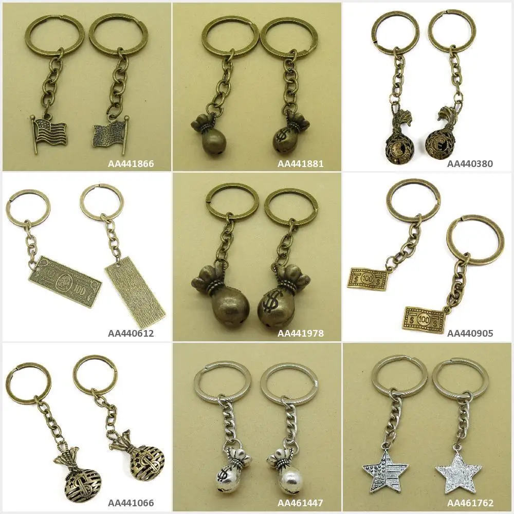 

Antique Bronze Silver Tone Keychain Keyring Keytag US Stars Dollar Purse Money Bag Sack 100 Euro United States Flag Key Chain