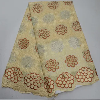 

Free shipping (5yards/pc) high quality cream African Swiss voile lace fabric with embroidery and stones for party dress CLP331