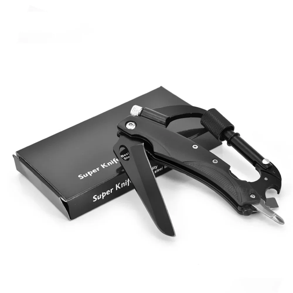 

Outdoor camping EDC multi-function tool Folding knife Keychain screwdriver Opener LED light carabiner safety keychain D type