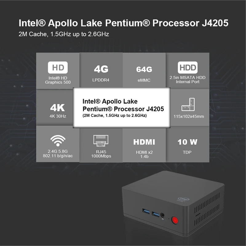 Ap45 Win10 Mini Pc Intel Pentium J4205 Up To 2.6Ghz Ssd Windows 10 Dual Hdmi 4xUsb3.0 Gigabit Lan 4K Htpc Nuc(Us Plug