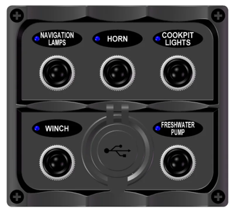 LED Marine Grade Boat Yacht 5 Gang Toggle Switch Panel +Dual 5V 1A 5V 2