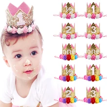 Baby Girl First Birthday Party Hat Decorations Hairband Princess Queen Crown Lace Hair Band Elastic Head Wear Hat Gifts For Kids
