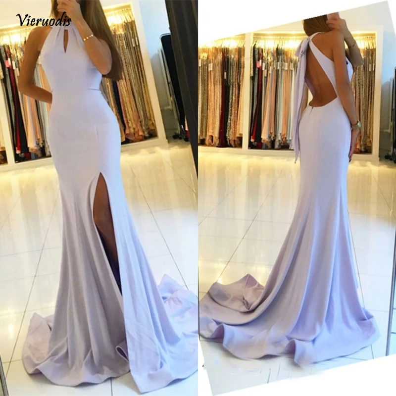 

Glamorous Halter Mermaid Bridesmaid Dresses Sexy Backless Side Split Floor Length Party Gowns Robe De Soiree Prom Dress