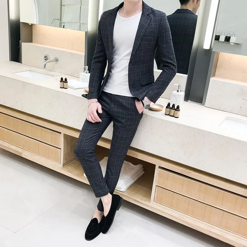 British style suit two-piece suit (coat + pants) men blazer / 2019 new men suits high quality plaid printed slim suit 2 sets