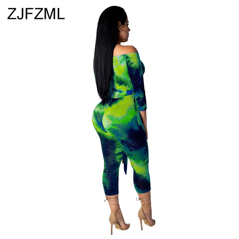 قبالة الكتف ثوب فضفاض إمرأة بذلة الصيف التعادل صبغ طباعة كم طويل Bodycon عموما عارضة مائل عارية الذراعين حزب ارتداءها