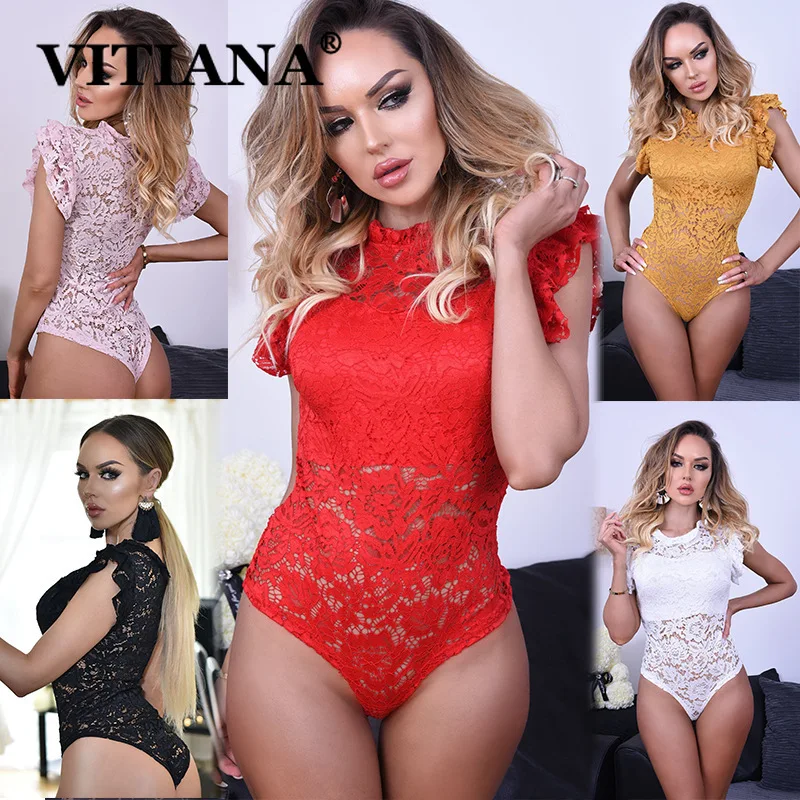 VITIANA Women Lace Slim Casual Bodysuit Female 2019 Summer Solid Black Ruffles Sleeveless Elegant Romper Ladies Sexy Bodysuits VITIANA Women Lace Slim Casual Bodysuit Female 2019 Summer Solid Black Ruffles Sleeveless Elegant Romper Ladies Sexy Bodysuits