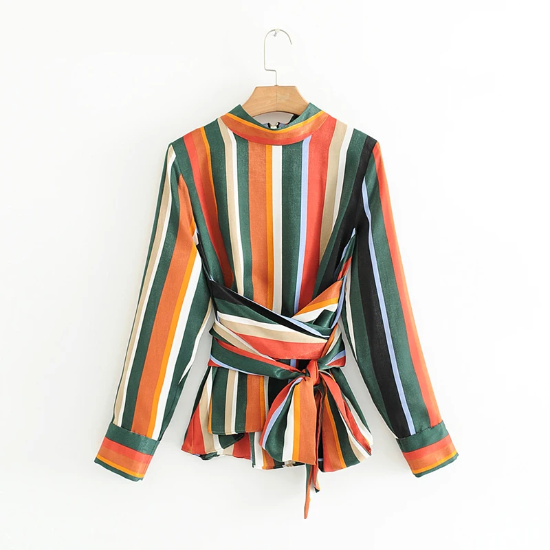 

spring color-blocking striped long sleeve o neck zipper decor blouse high waist band female casual work slim chiffon shirt tops