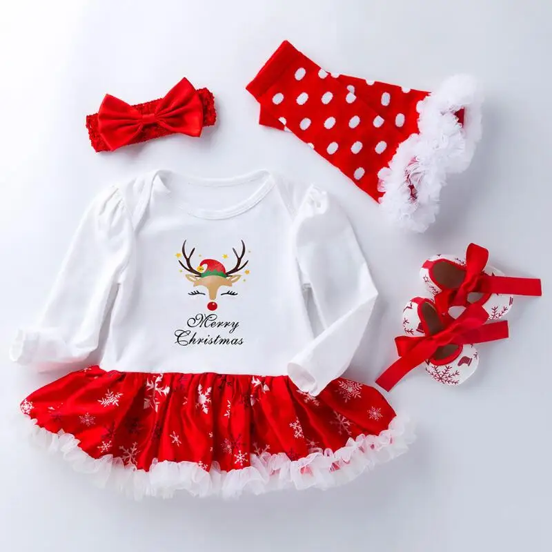 Первый комбинезон для малышей Рождественский комплект с юбкой-пачкой Одежда для новорожденных девочек нарядное платье+ повязка на голову+ обувь+ гетры, 4 предмета - Цвет: F2039-9