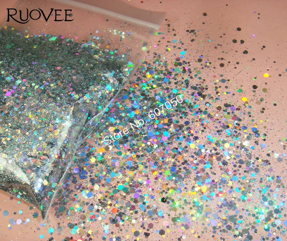 

Solvent Resistant Holographic Laser Silver Glitter Mix Hexagon Powder Spangle Shape for DIY Nail Polish Gel Acrylic Craft Art
