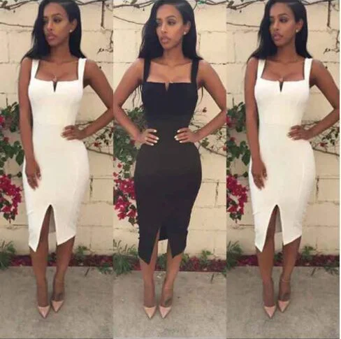 

Top Quality White Black Open Fork Sleeveless Knee Length Bandage Dress Sling Sexy Evening Party Dress