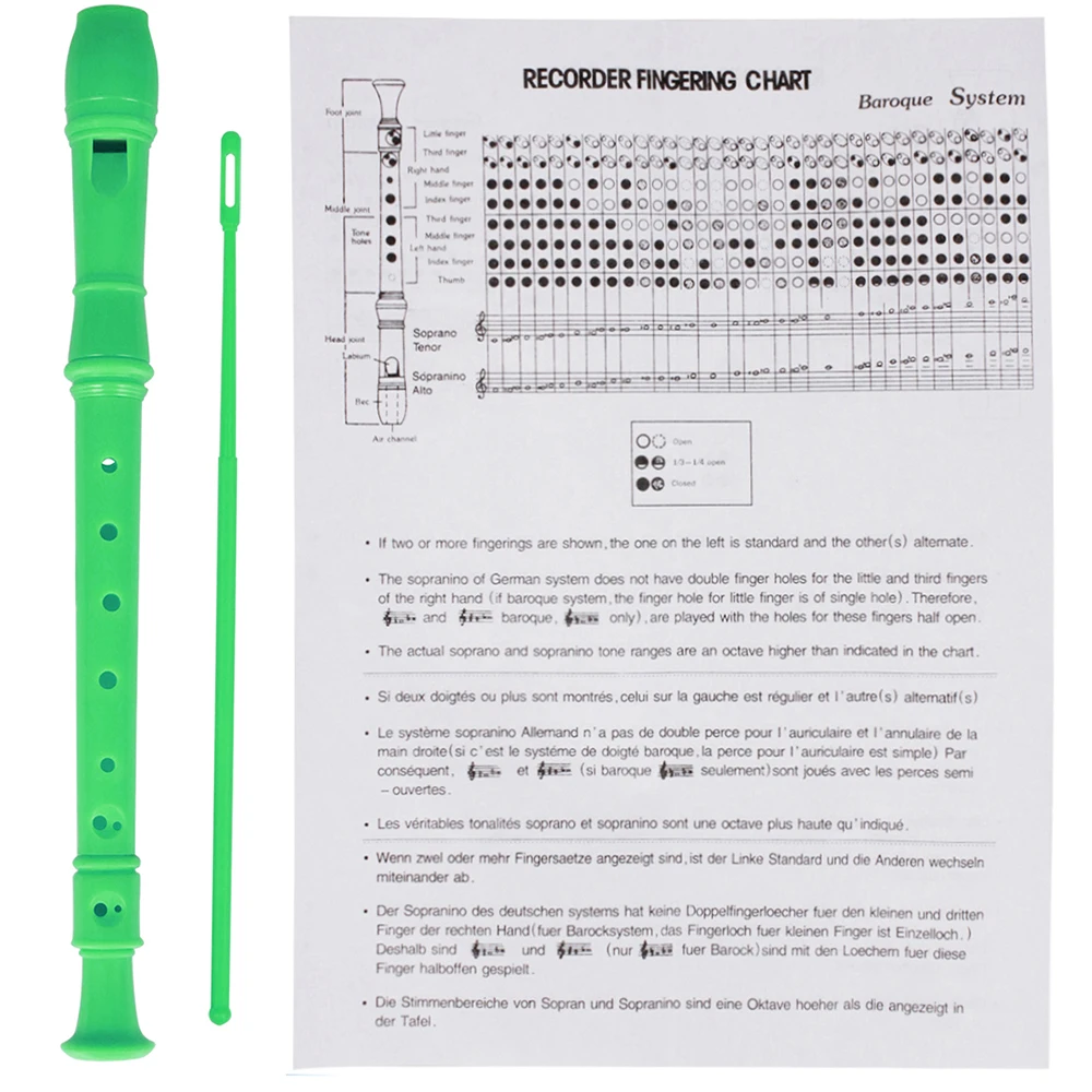 C ключ сопрано рекордер ABS сопрано Descant рекордер кларнет 8 отверстий немецкий стиль с аппликатором карта Чистящая палочка для детей - Цвет: Green