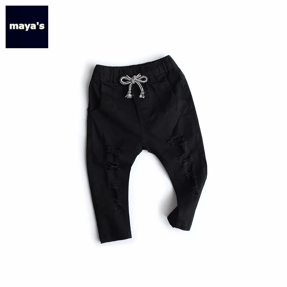 

Mayas Black Broke Hole Full Length Kids Pants Vintage Ripped Solid Color Children Trousers Toddler Fashion Cotton Jeans 82043