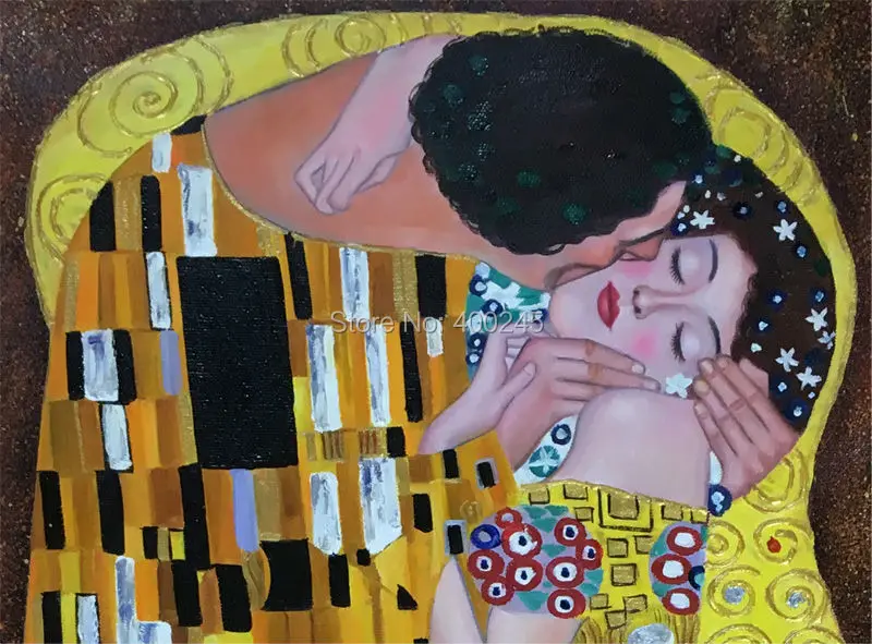 Картина маслом в рамке Gustav Klimt, картина в виде поцелуя, холст, репродукции, известный художник, ручная роспись в золотистой стене, высокое качество