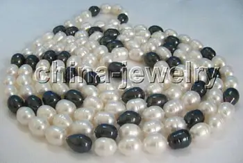 

P2155-50" Long 9-10mm natural white black rice shape freshwater pearl necklace