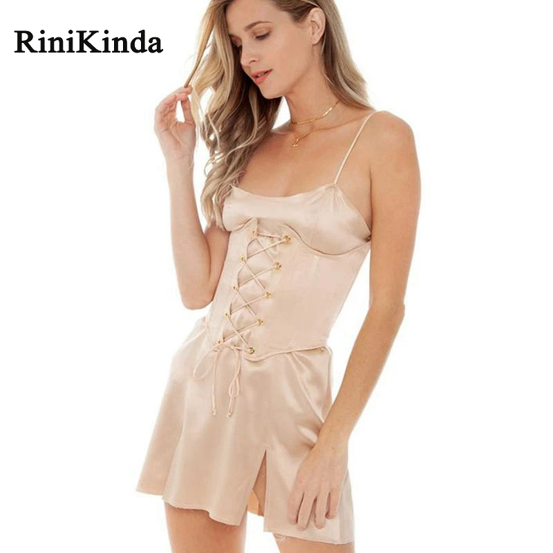 

RINIKINDA Hot Summer Dress Women O Neck Spaghetti Strap Sleeveless Cross Bandage Split Mini Dresses Ladies Party Sexy Vestidos