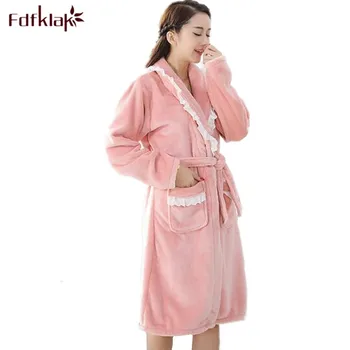 

Fdfklak 2017 New Warm Long Bathrobes Women Thicker Bathrobe Winter Flannel Long Sleeve Night Robe Dressing Gown White/Pink Q400