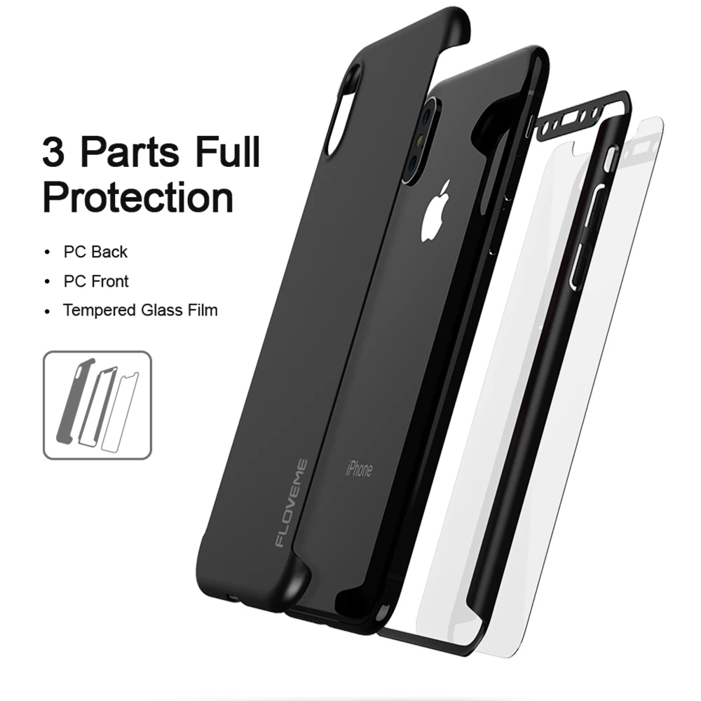 FLOVEME 360 Case For iPhone XR XS Max X Full Protective Cover For iPhone 7 8 6 6s Plus 5 5s SE Tempered Glass Film Phone Fundas