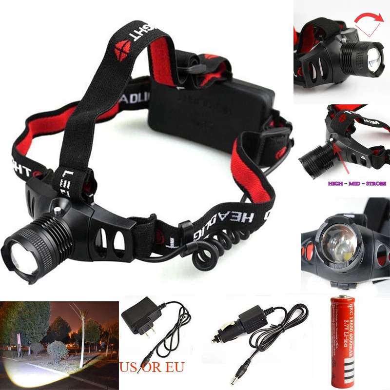 

1600lm Waterproof CREE XM-L Q5 3 Modes Brightness LED 18650 AAA Headlamp Headlight Head Lamp Light +Charger+18650 battery