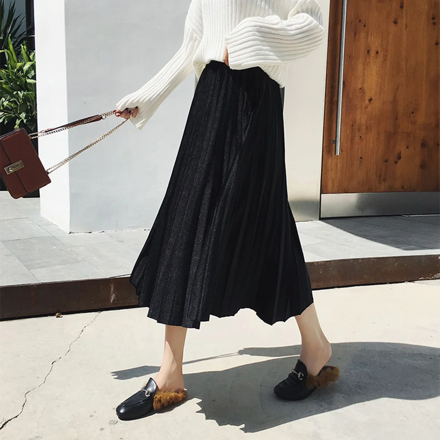 Весенне-осенние женские юбки Новая модная женская уличная длинная юбка с высокой талией Harajuku Женская плиссированная тонкая юбка