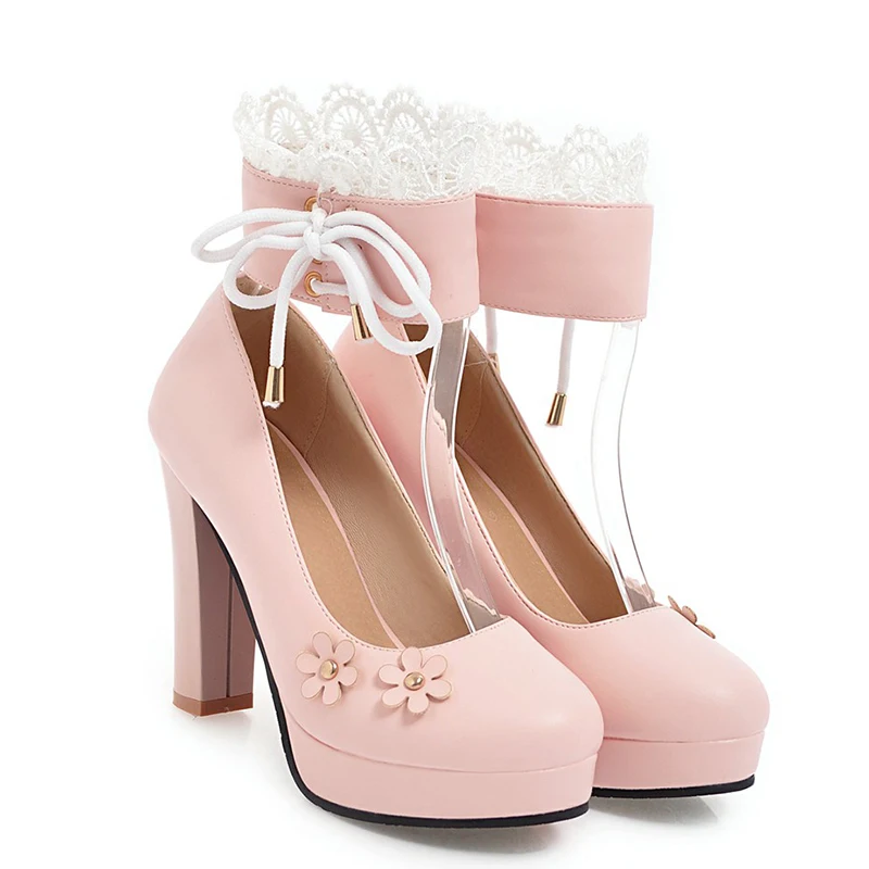 Rimocy plus size 43 lace ankle strap pink leather princess shoes woman 2019 lovely thick square super high heels platform pumps