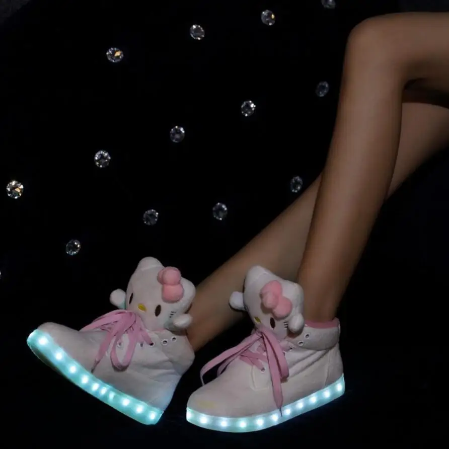 

USB charging shoes Children LED Luminous shoes casual girls sneakers with Light up glowing big kids shoes Hello Kitty women shoe