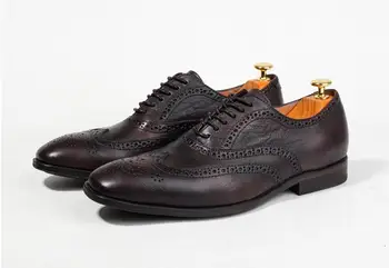 

Lace-Up Men's Dress Oxfords Male Smart Casual Genuine Square Toes Carved Men Retro Shoes Genuine Leather Wedding Dress Shoes