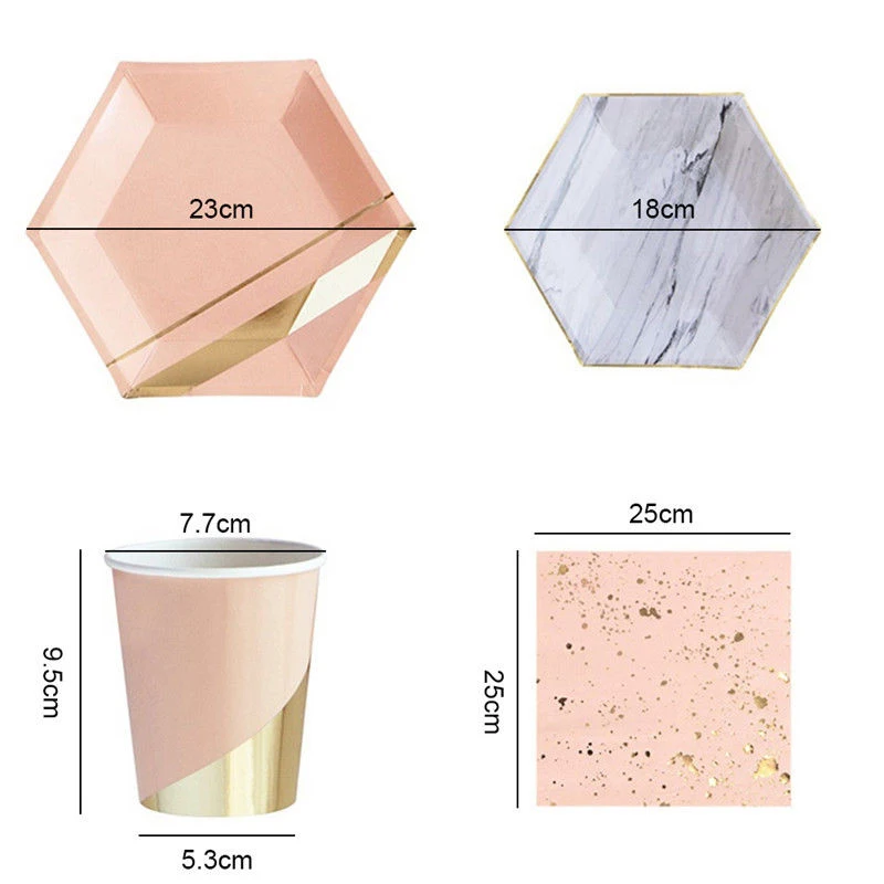 Gold Blocking Pink Marble Texture Disposable Tableware Set Paper Plates Cups Napkins Party Wedding Carnival Tableware Supplies