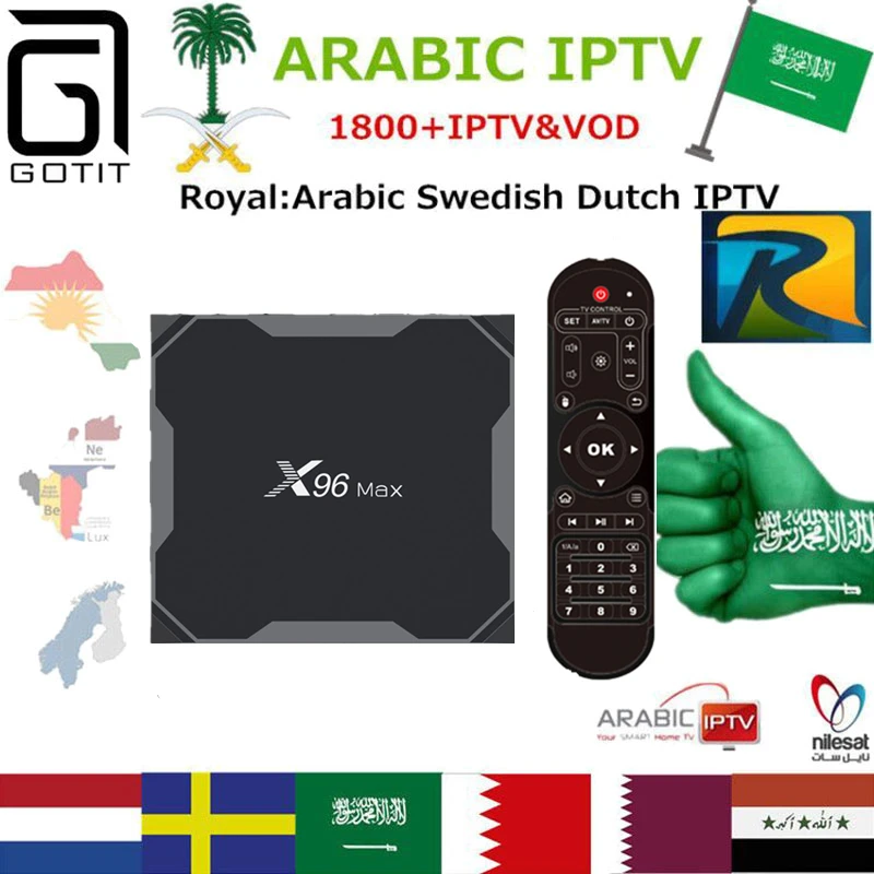 

GOTiT Arabic X96 Max Android 8.1 TV Box 32G/64G Amlogic S905X2 Dual-WIFI+ Royal Arabic UK Swedish Swiss Africa Latino Africa Box