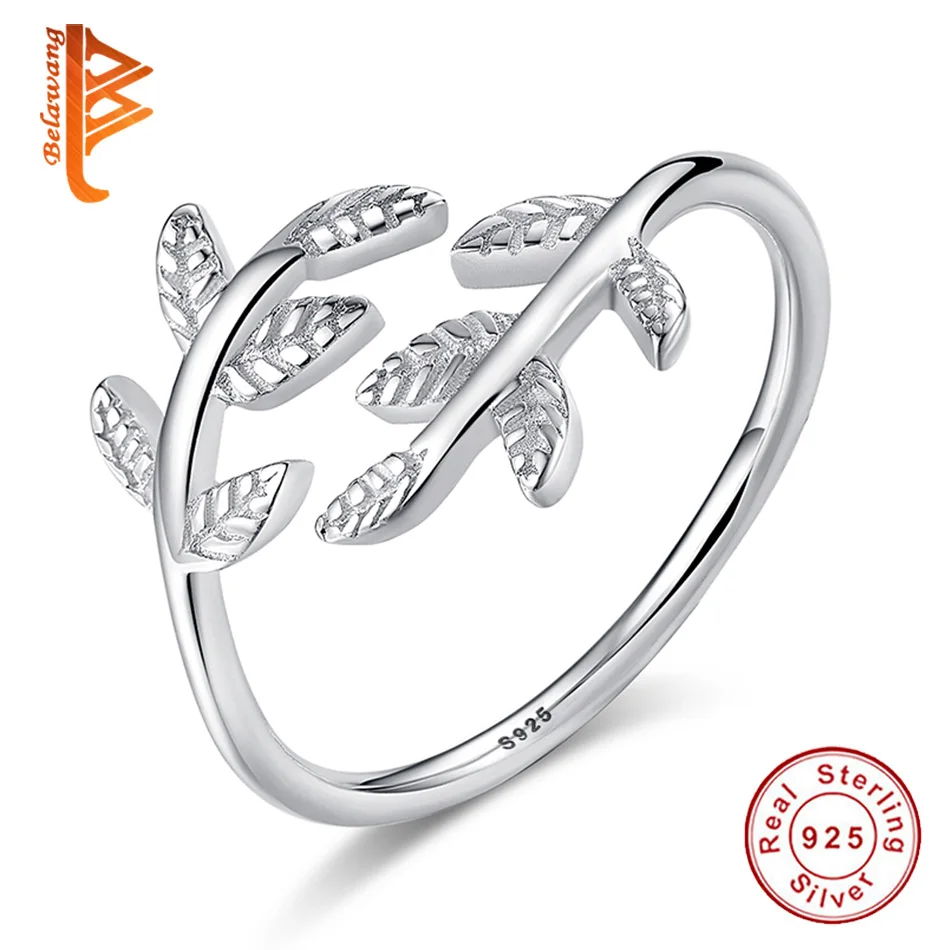 

BELAWANG Authentic Real 925 Sterling Silver Tropical Palm Feather Leaf Finger Ring for Women Engagement Ancient Silver Jewelry