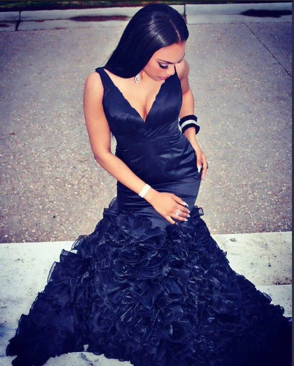 Black Mermaid African Prom Dresses 2017 Sexy Plunging V ...