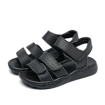 

Big boys black leather sandals beach sandals children formal shoes school shoes kids quality summer shoes open toe 26-37 3straps