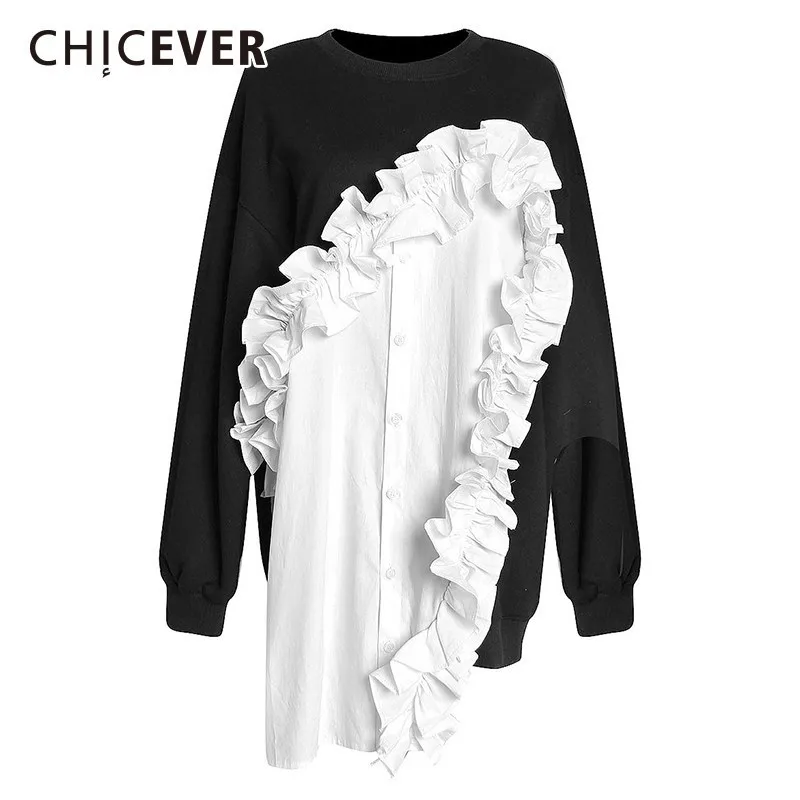 

CHICEVER Autumn Winter Hit Color Sweatshirts For Women O Neck Long Sleeve Loose Irregular Hem Tops Female Sweatshirt Fashion New