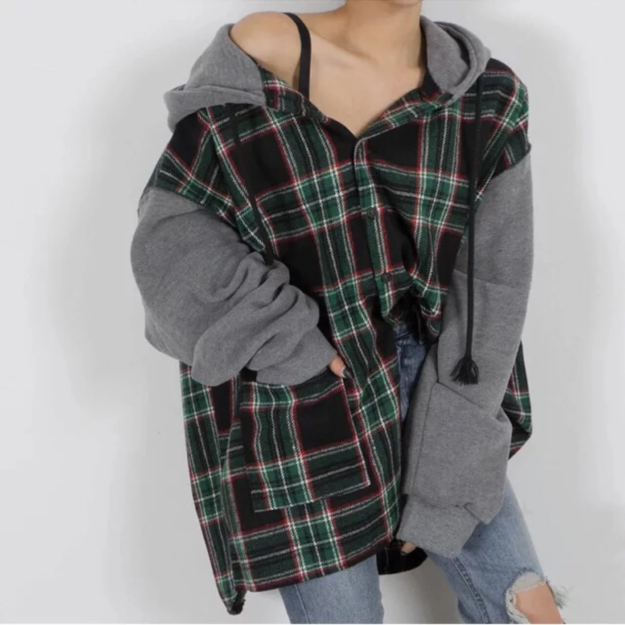 

SuperAen Korean Style Women Shirt Wild Winter New Loose Long Sleeve Plaid Spliced Ladies Blouse Hooded Casual Fashion Women Tops