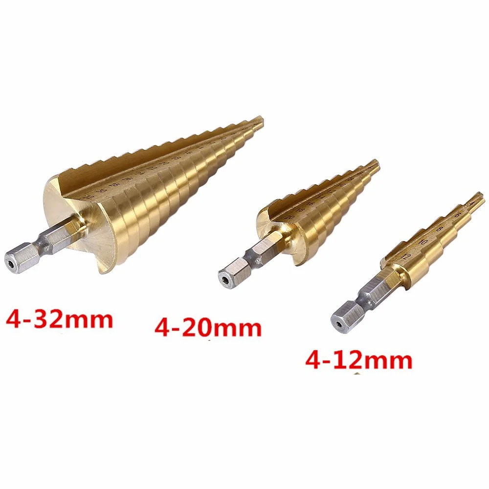 

3Pcs/lot Professional HSS Steel Large Step Cone Hex Shank Coated Metal Drill Bit Cut Tool Set Hole Cutter 4-12/20/32mm Wholesale