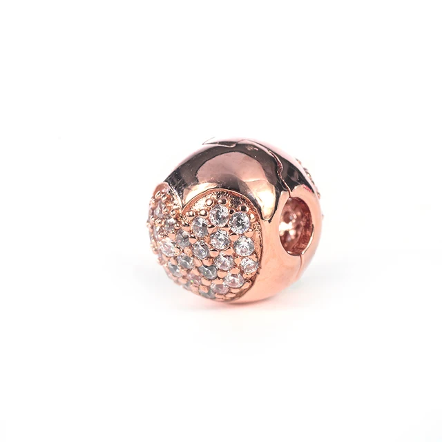New Autumn Rose Gold Pave Heart Clip charms 925 Sterling Silver Beads