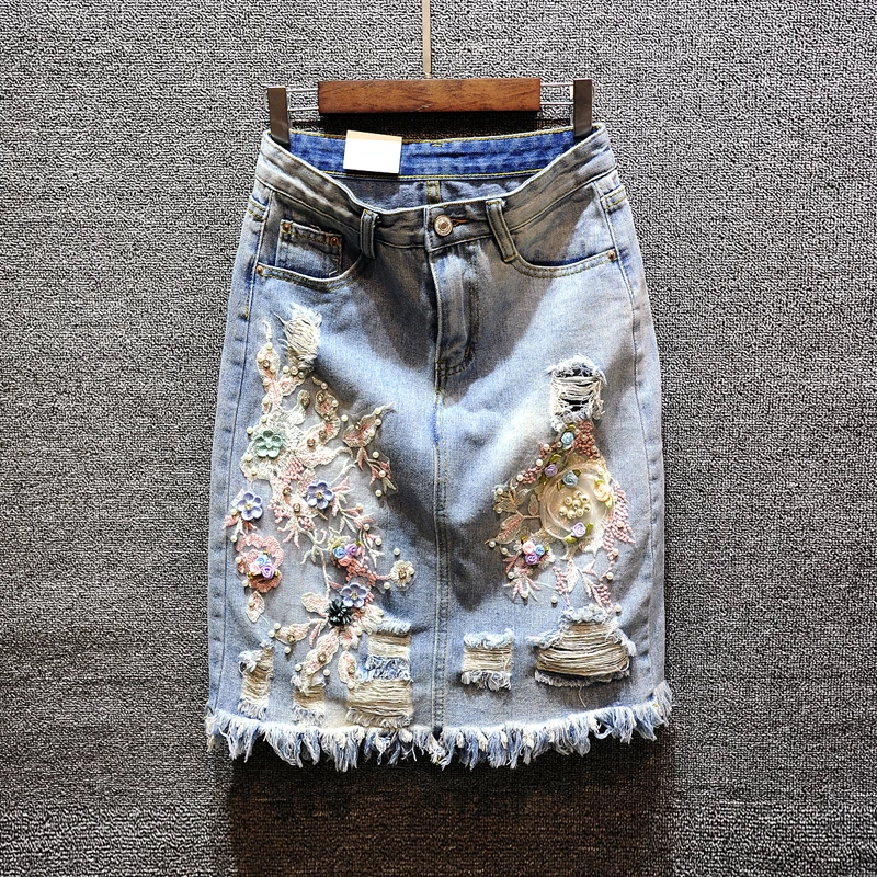 Джинсовые женские юбки с бусинами и цветочной вышивкой; прямые женские юбки до колена с цветочным узором; высокое качество