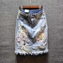 Джинсовые женские юбки с бусинами и цветочной вышивкой; прямые женские юбки до колена с цветочным узором; высокое качество